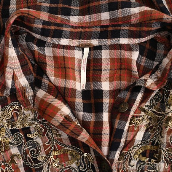 Free People Snow Mountain Plaid Buttondown Shirt Top Sequin Embellished S 274409 - Picture 7 of 7
